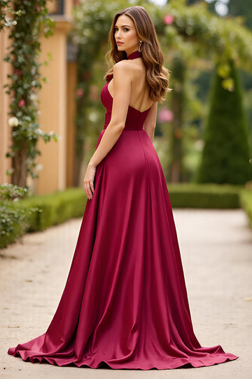 Burgundy Halter Cut Out A Line Satin Prom Dress
